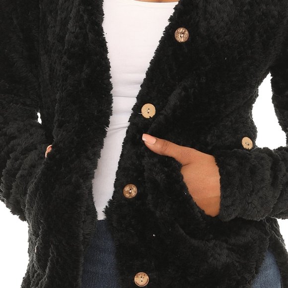 Textured Plush Button-Up Hoodie With Pocket - Picture 2 of 5